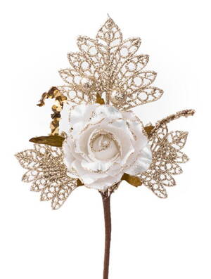 Vetvička s ružou, bielo - zlatá, 26cm, 6 ks