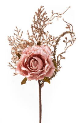 Vetvička s ružou, ružovo - zlatá, 26cm, 6 ks