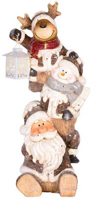 Dekorácia MagicHome Vianoce, Santa, sob a snehuliak s lampášikom, 1 LED, 2xAAA, keramika, 29x24x66 c
