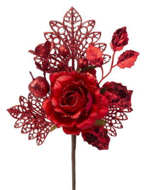 Vetvička s ružou, červená, 25,5cm, 6 ks