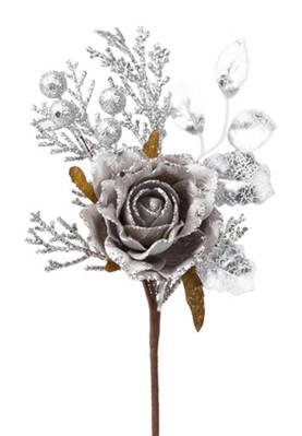 Vetvička s ružou, sivá, 26cm, 6 ks