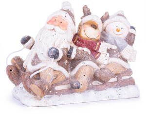Dekorácia MagicHome Vianoce, Santa, sob a snehuliak na saniach, keramika, 45x23x34,50 cm