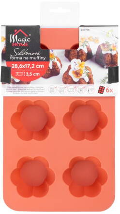 Forma MagicHome, na pečenie, na 6 muffinov, silikón, vzor kvet, červená, 28,6x17,2cm