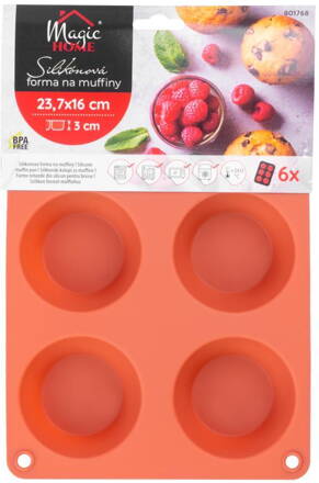 Forma MagicHome, na pečenie, na 6 muffinov, silikón, červená, 23,7x16x3 cm