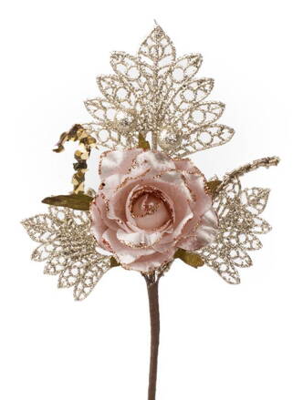 Vetvička MagicHome Vianoce, s ružou, ružovo - zlatá, 26 cm, bal. 6 ks