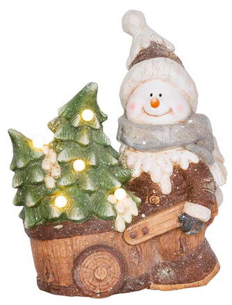 Dekorácia MagicHome Vianoce, Snehuliak s vozíkom, 6 LED, 3xAA, keramika, 35x24x43 cm