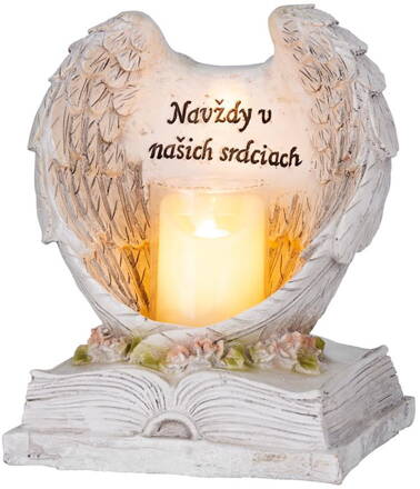 Dekorácia MagicHome, Anjelské krídla na knihe so sviečkou, LED, keramika, na hrob, 18x13,5x20 cm
