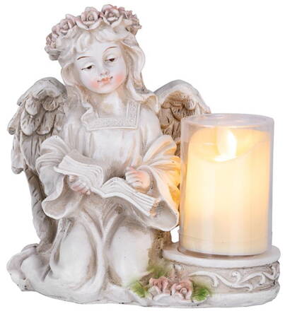 Dekorácia MagicHome, Anjel s knihou a sviečkou, LED, keramika, na hrob, 17,5x14,5x17,5 cm